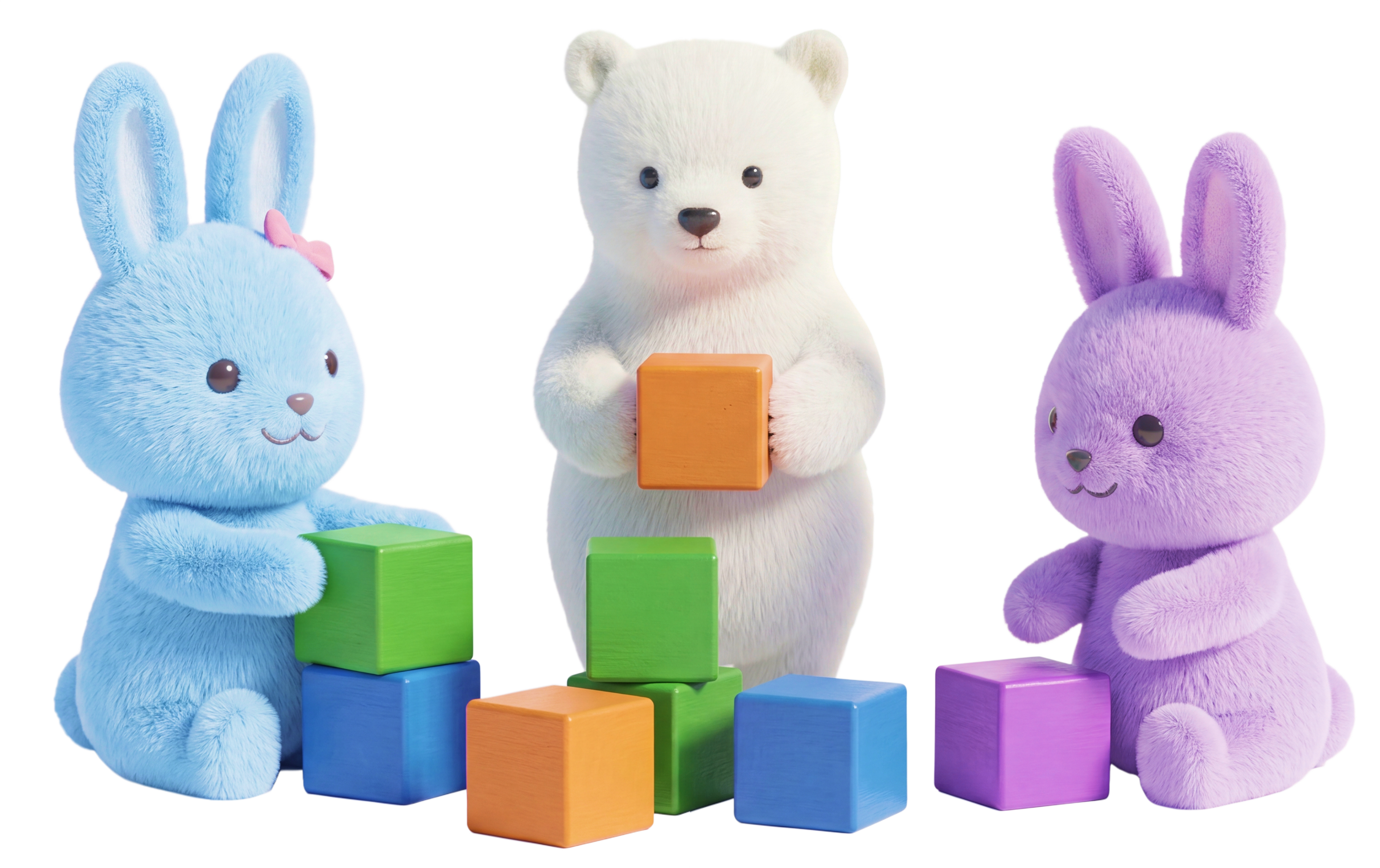 TooToo Loops plush friends playing with blocks